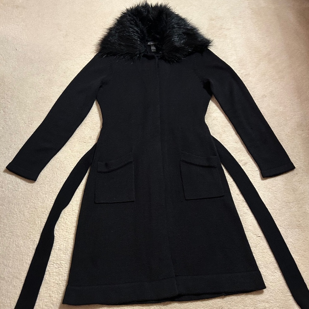 INC International Concepts  Black Wool Blend Cardigan, Faux Fur Collar, Small
